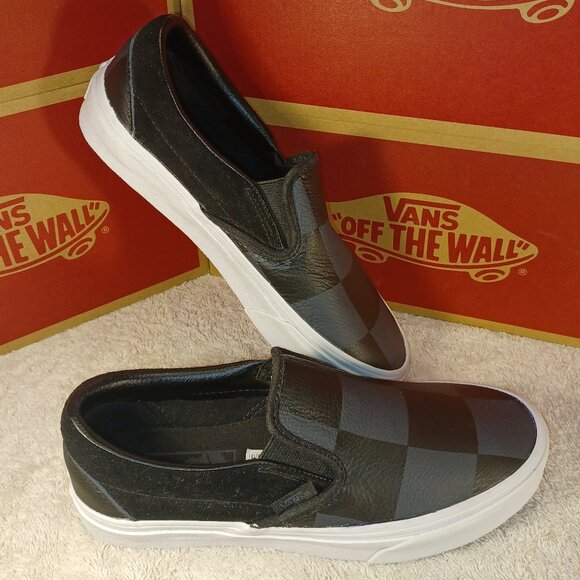 VANS Men's 4.5/Women's 6 Leather Slip On Black/Gray Checkerboard - Picture 8 of 12